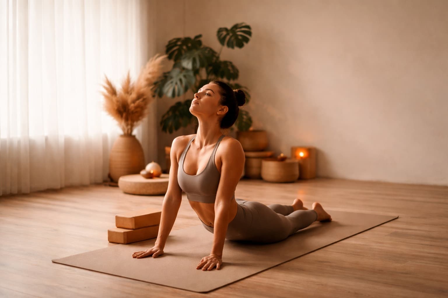 Students practicing yoga in a bright studio room