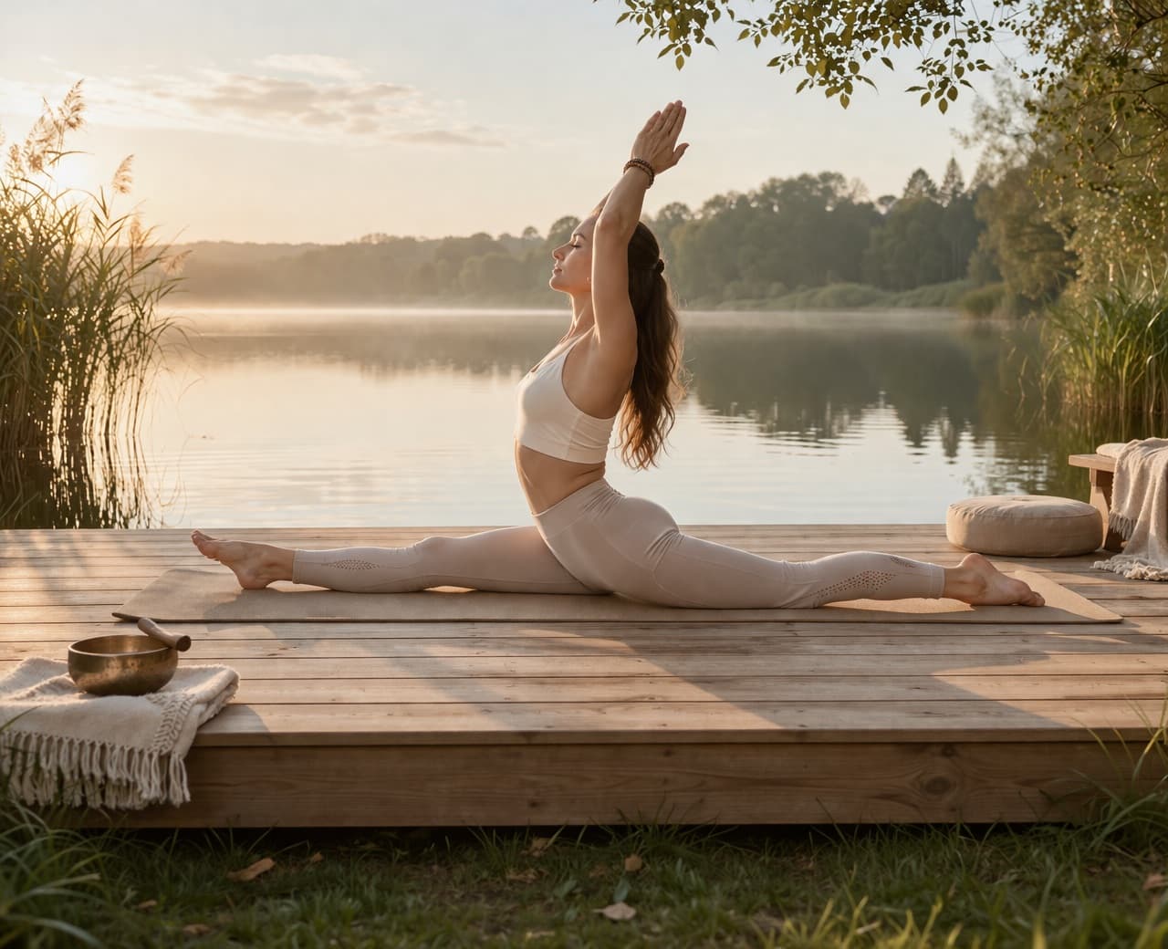 Woman practicing front split in a calm natural setting